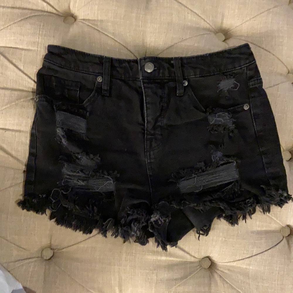 Black denim fringe shorts